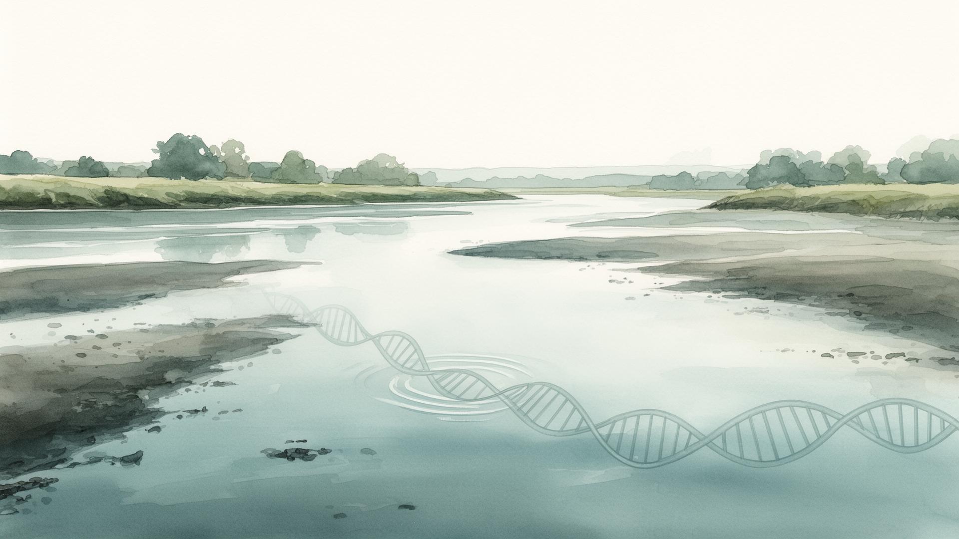 Watercolour of the River Deben in Suffolk with a subtle DNA helix in the water